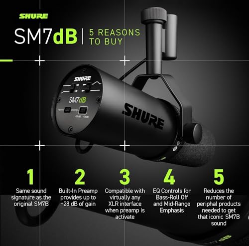 Shure SM7dB Micrófono dinámico para retransmisiones, podcasts y grabación, Amplio Rango de Frecuencias, Sonido cálido y Suave, construcción sólida, Paravientos Desmontable - Negro