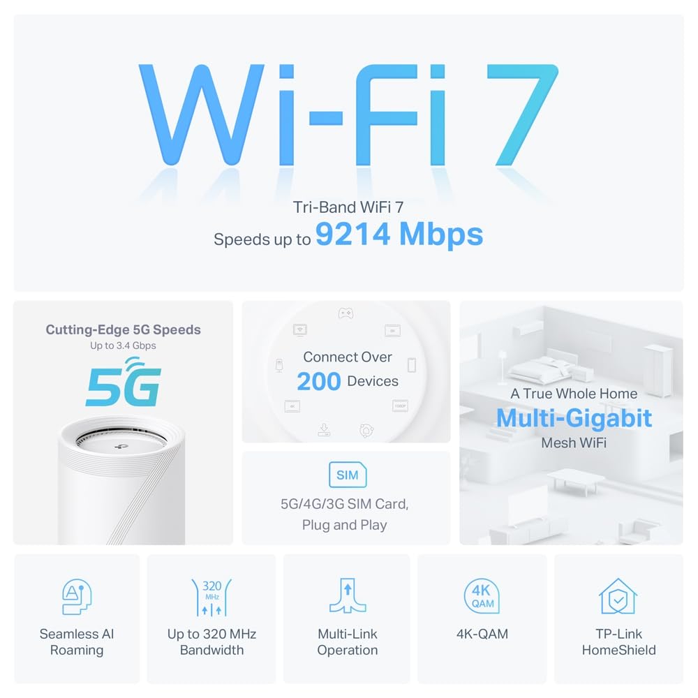 【2024 Nuevo】 TP-Link Deco BE65-5G (1 Paquete)|Sistema WiFi en Malla WiFi7 5G |BE9300 Tribanda, 5760 Mbps (6 GHz)|HomeShield|Operación multienlace|Plug and Play, Disfrute de la Red 5G