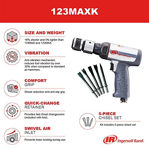 Ingersoll Rand Martillo Neumático 123MAXHK Kit, cañón corto, ligera y compacta, con juego cinceles 5 piezas, reduce vibraciones 30%
