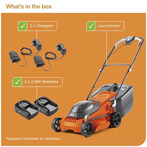 Flymo EasiStore 380R - Kit de cortacésped con batería Li, 36 V, 38 cm de Ancho de Corte, Corte de Borde cercano, Rodillo Trasero, 45 L, Power 4 All Battery Alliance, 970538501, Naranja y Gris