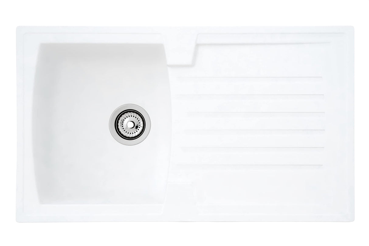 Respekta Boston Fregadero de Mineralite en blanco/Fregadero empotrado de 1 cubeta de 86 x 50 cm/Apto para bases a partir de 45 cm de ancho