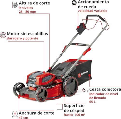 Einhell Professional Cortacésped con batería GP-CM 36/47 S Li BL Power X-Change (36 V, 47 cm de Ancho de Corte, hasta 700 m², sin escobillas, Cesta 65 L, Incl. 4x4,0Ah baterías, 2X Twincharger)