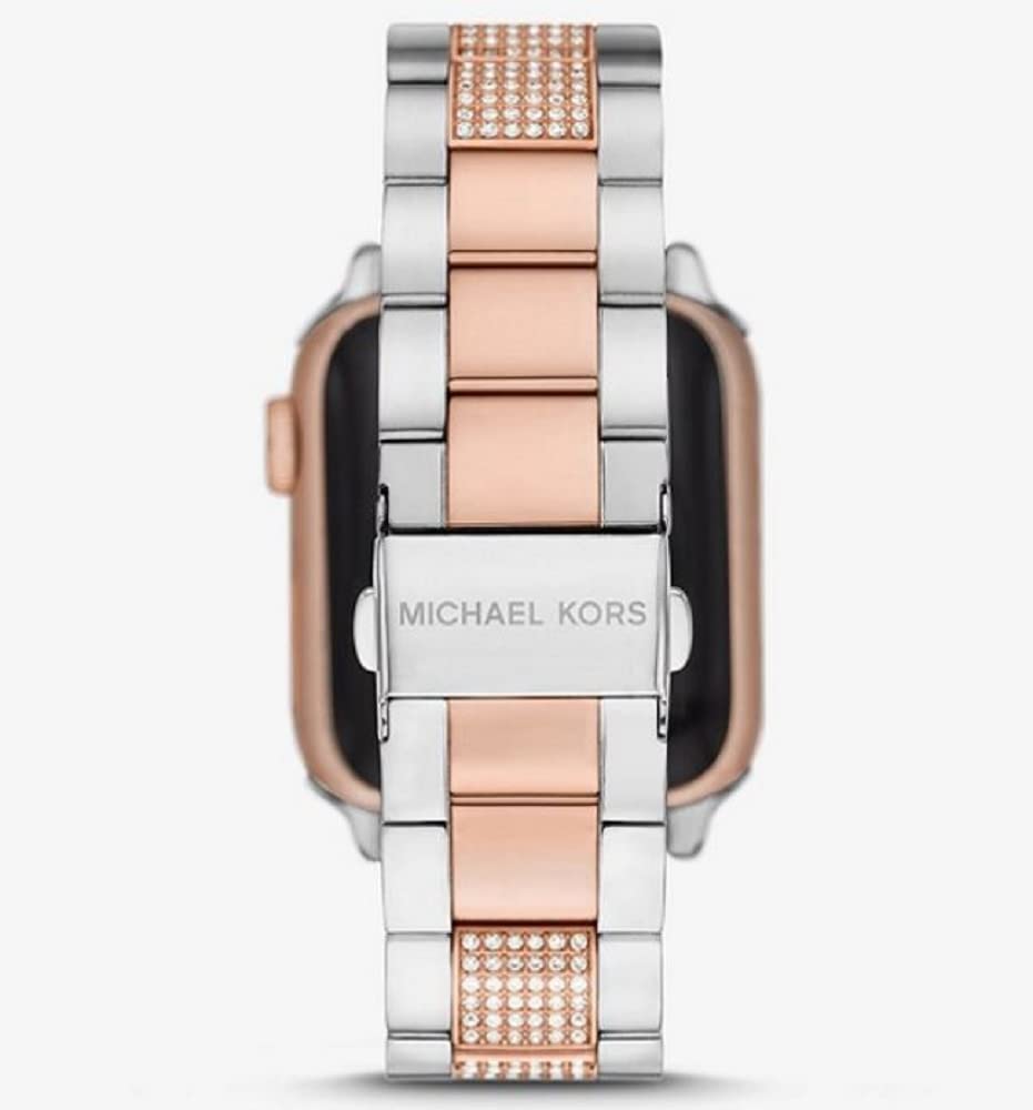 Michael Kors Correa de acero inoxidable o acetato para mujer, compatible con Apple Watch de 38 mm/40 mm/41 mm, Plata y oro rosa
