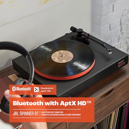 JBL Spinner BT, Tocadiscos Bluetooth con AptX-HD, cabezal extraíble, plato de aluminio y transmisión por correa, cartucho magnético móvil preinstalado, en negro y naranja