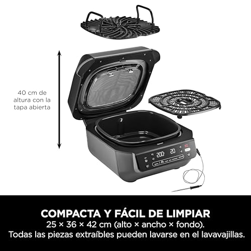 Ninja 5 en 1 Freidora de aire y parrilla de interior, 5 funciones de cocción sin humo, cocina hasta 4 hamburguesas, capacidad de 5,7 l, incluye termómetro digital para carne, negro/plata, EG351EU