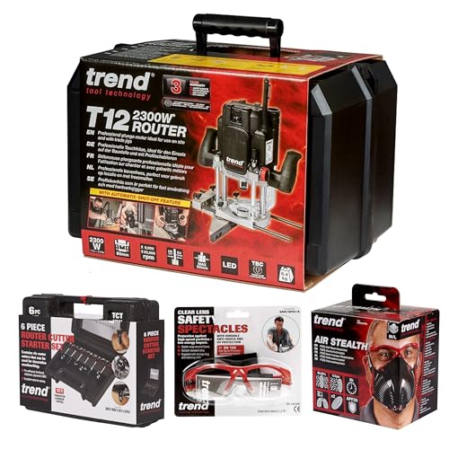 Trend T12 Kit de Inicio Definitivo para Fresado, T12EK/EU Fresadora de Inmersión de Velocidad Variable (2300W, 12mm, 230V), Juego de 6 Fresas de 12mm, Máscara y Gafas, T12/START/SET/E