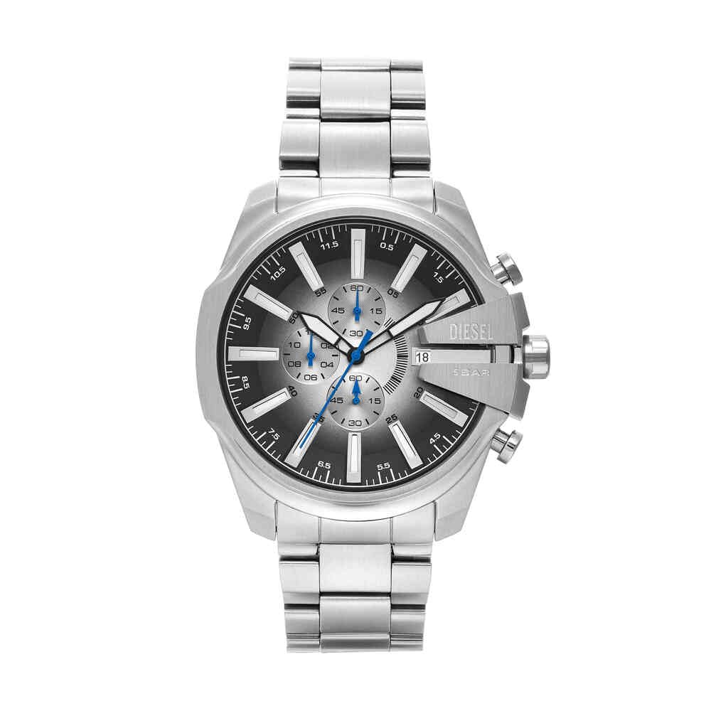 Diesel Reloj Mega Chief Slim para Hombre, Movimiento cronógrafo con Correa de Acero Inoxidable, Tono Plateado y Negro