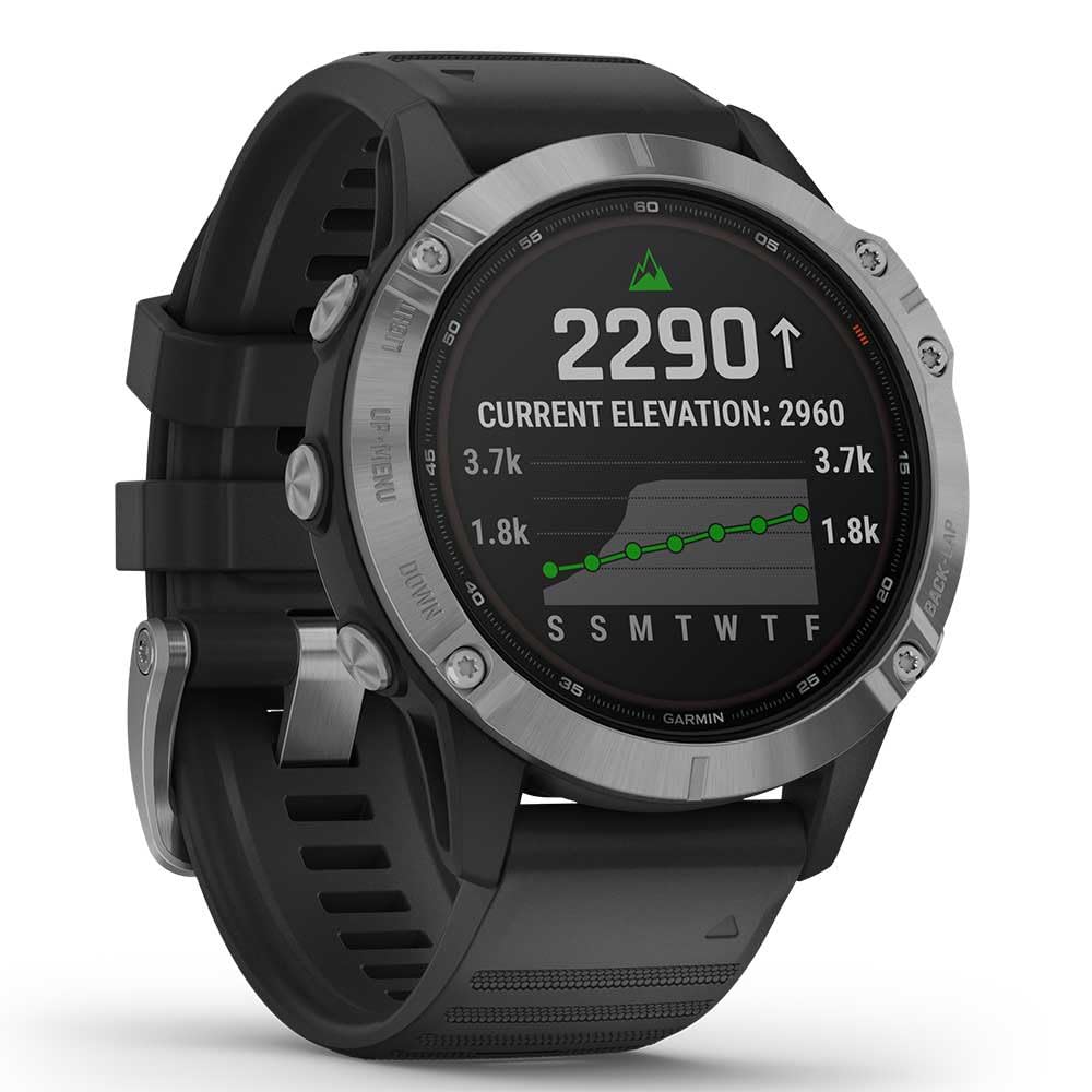 Garmin fēnix 6 Solar - Reloj multideporte avanzado con GPS y carga solar, Plateado con correa negra, Grande