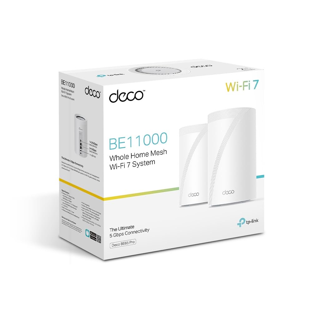 TP‑Link Deco BE65 Pro(2-Pack) – Sistema Wi‑Fi 7 Mesh Tribanda BE11000 (11 Gbps), Backhaul híbrido, Multi‑Link Operation, Puertos LAN 2×5 Gbps + 1×2,5 Gbps, HomeShield