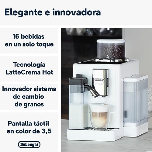 De'Longhi Rivelia EXAM440.55.W, Cafetera Superautomática con LatteCrema Hot, Espumador de Leche Automático, Tamaño Compacto, 16 Recetas, Pantalla Táctil a Color, Blanco Ártico