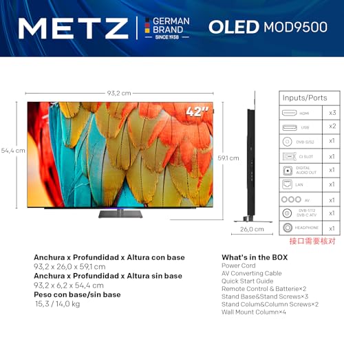 Metz Smart TV 42" 4K OLED, 42MOD9500Z 120Hz Google TV con Dolby Vision IQ, Dolby Atmos, Chameleon Extreme 3.0, HDR 10+, Sonido 2.1.2ch, Sensor de Movimiento Eye Care TV, DVB-T/-T2/-C/-S/-S2, Ci+