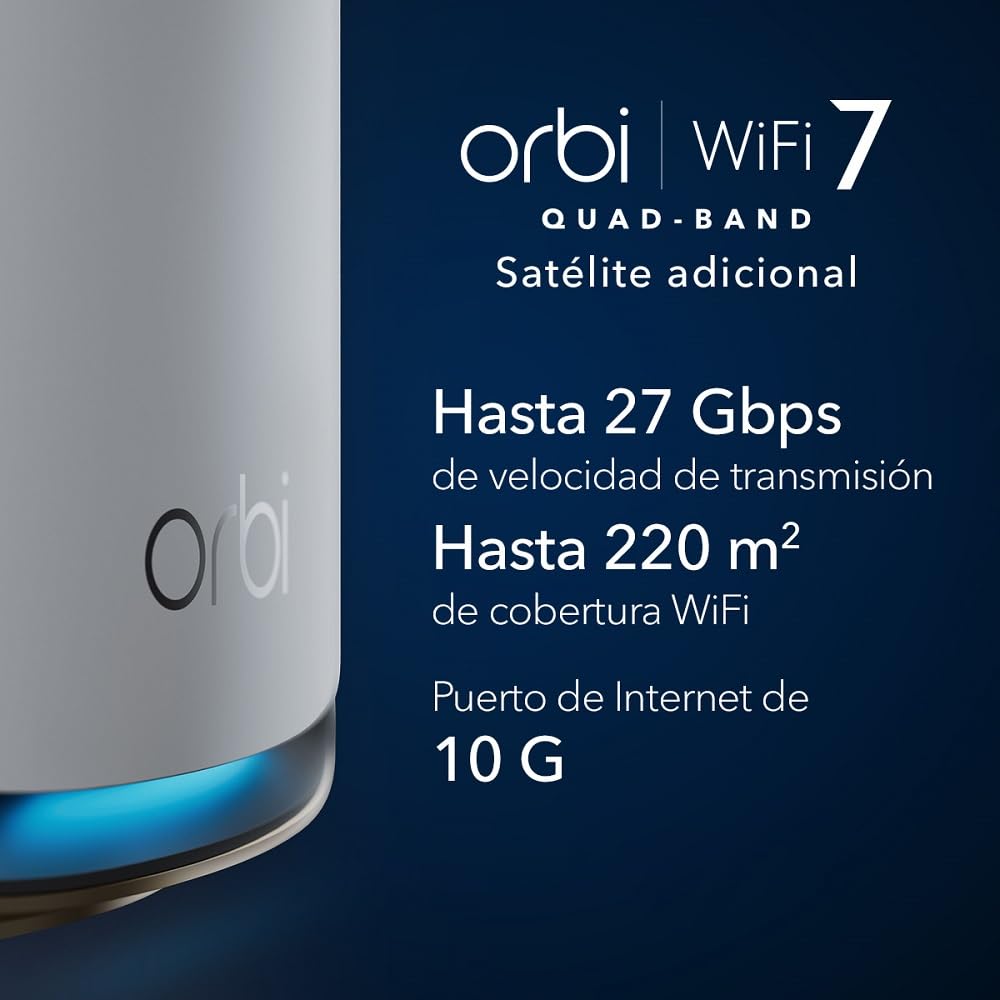 Netgear Orbi Satélite Mesh Adicional WiFi 7 Serie 970 Quad-Band RBE970 | Funciona con Orbi RBE972S y RBE973S |amplía la Cobertura up to 300 m2s |BE27000 802.11be (hasta 27Gbps)