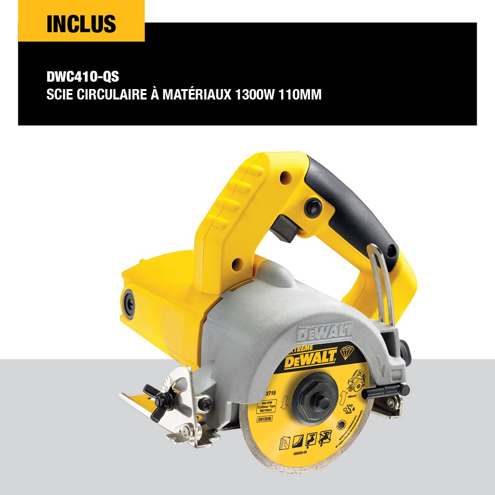 DEWALT DWC410-QS - Sierra de mano Circular para Azulejos, 1300W, Disco de Diamante 110 mm, Velocidad 13,000 rpm, Corte en Seco y Húmedo, Profundidad de Corte Máxima 34 mm, Incluye Llave y Guía