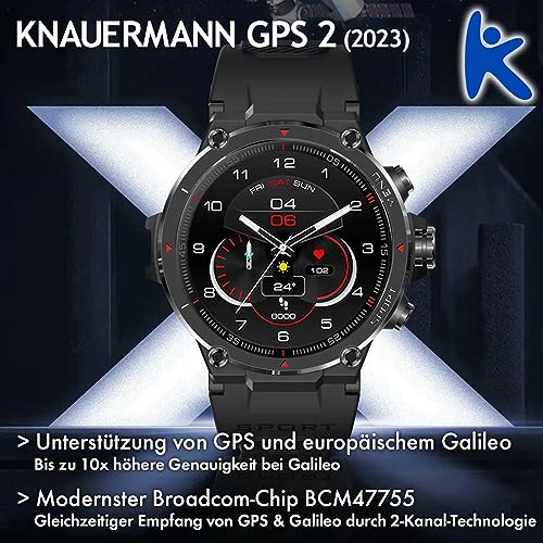 Knauermann GPS 2 (2023) Reloj Deportivo Negro - Pantalla AMOLED - Puls, oxígeno en Sangre, recepción GPS/Galileo - BT Bluetooth - Correa de Silicona Negra, 14-26, Normal, Moderno, Normal, Moderno