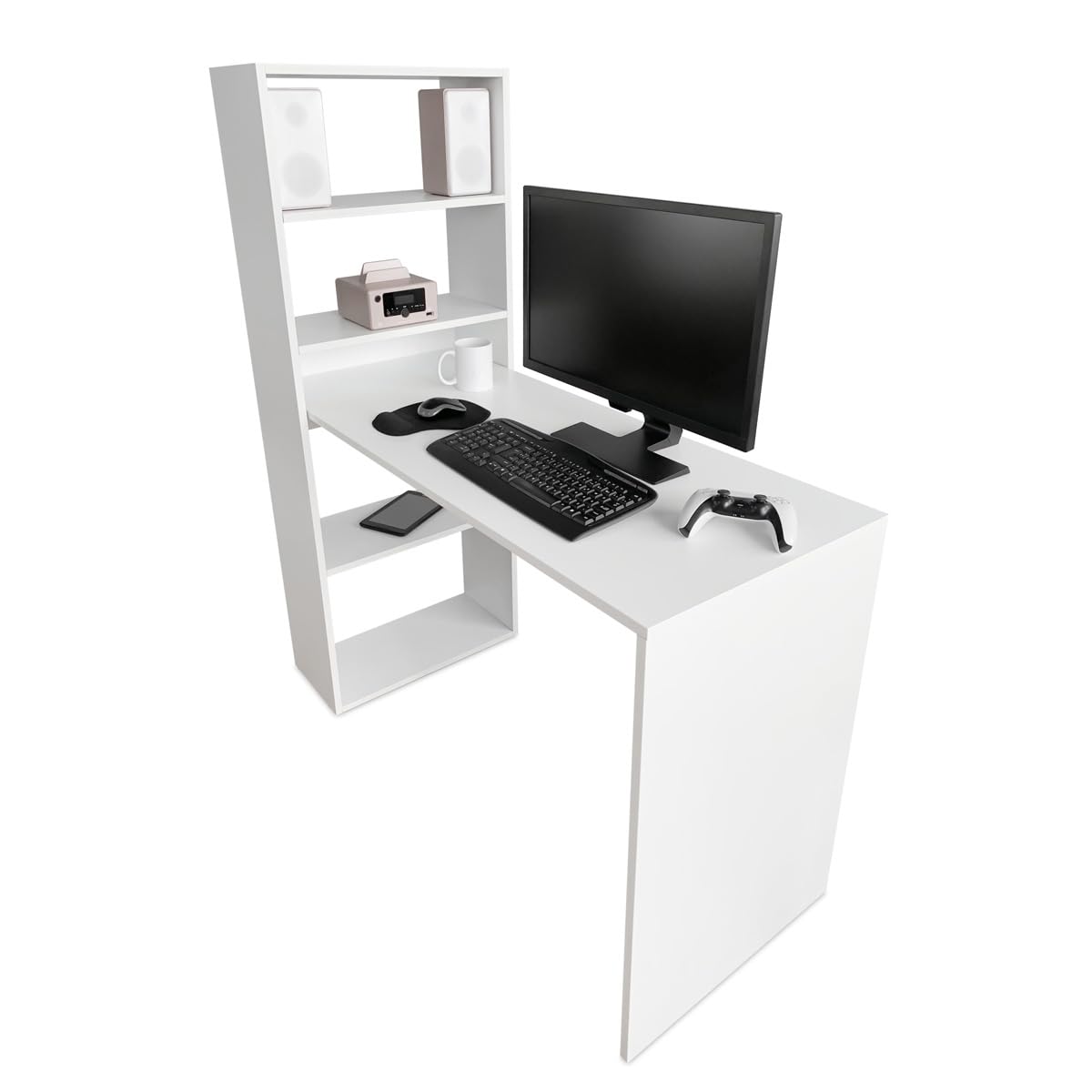 Mattfy - Mesa de Escritorio Multifuncional con Estantería Integrada, Acabado en Blanco, Ideal para Espacios de Trabajo y Estudio, Medidas: 122 cm (Ancho) x 53,2 cm (Fondo) x 140 cm (Alto)