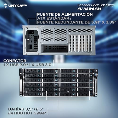 UNYKAch Caja Rack 19" 4U Hot Swap (Sustitución de Bahías en Caliente) HSW6424 ATX, 24 Bahías, para Discos de 3,5″ o 2.5”, 3 Ventiladores de 120 mm y 2 USB 2.0