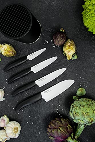 KYOCERA Juego de cuchillos de cerámica con cuchillo de pelar GEN, cuchillo multiusos, cuchillo universal y cuchillo Santoku y bloque de cuchillos redondo para 8 cuchillos, KB-RD BK 4KN FK EU