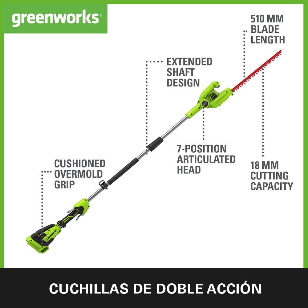 Greenworks G40PHAK2 Cortasetos Pértiga a Batería Eje Divisible, Cuchillas Doble Acción 51 cm, Corta Ramas 18 mm Grosor, Pivote Cabezal 125°, 3000 spm, Batería 40 V 2 Ah y Cargador