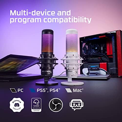 HyperX QuadCast S - Micrófono de condensador USB, iluminación RGB, soporte de choque antivibración, cuatro patrones polares, filtro pop, control de ganancia, para PC, PS4, PS5 y Mac, Negro