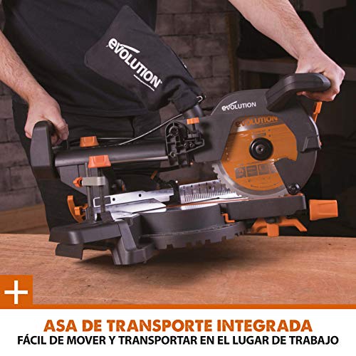 Evolution Power Tools R210SMS+ Ingletadora deslizante multimaterial de 210 mm, con paquete Plus, Corta acero dulce, aluminio, plástico, madera con clavos incrustados, 230 V