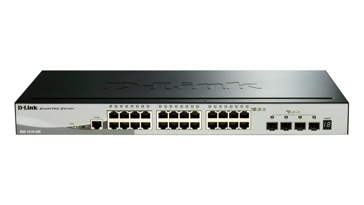 D-Link DGS-1510-28X/E, 28-Puertos Layer 2/3 Smart Managed Gigabit Stack Switch (24x 10/100/1000 Mbit/s Puertos, 4X 10G SFP+) - Cordon d'alimentation UE uniquement, Negro/Gris