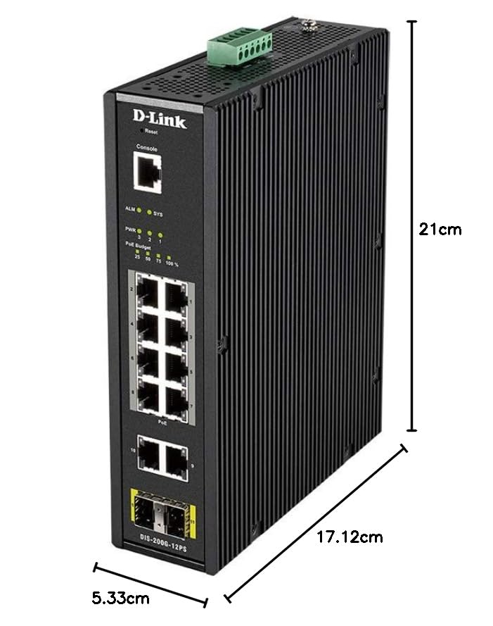 D-Link DIS-200G-12PS - Switch Industrial de 12 Puertos (10 Gigabit, 8 de Ellos PoE 240W, y 2 SFP, Apto para Condiciones extremas -40°C a 65°C, ERPS, VLAN, QoS, IGMP, agregación de Enlaces) Negro