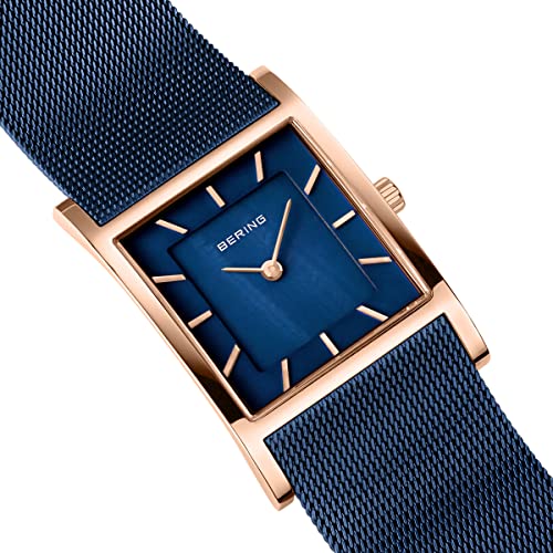 BERING 10426-367-S Reloj de cuarzo para mujer con caja de acero inoxidable de 26 mm con acabado en oro rosa y esfera azul, correa milanesa, cristal de zafiro y resistencia al agua de 5 ATM