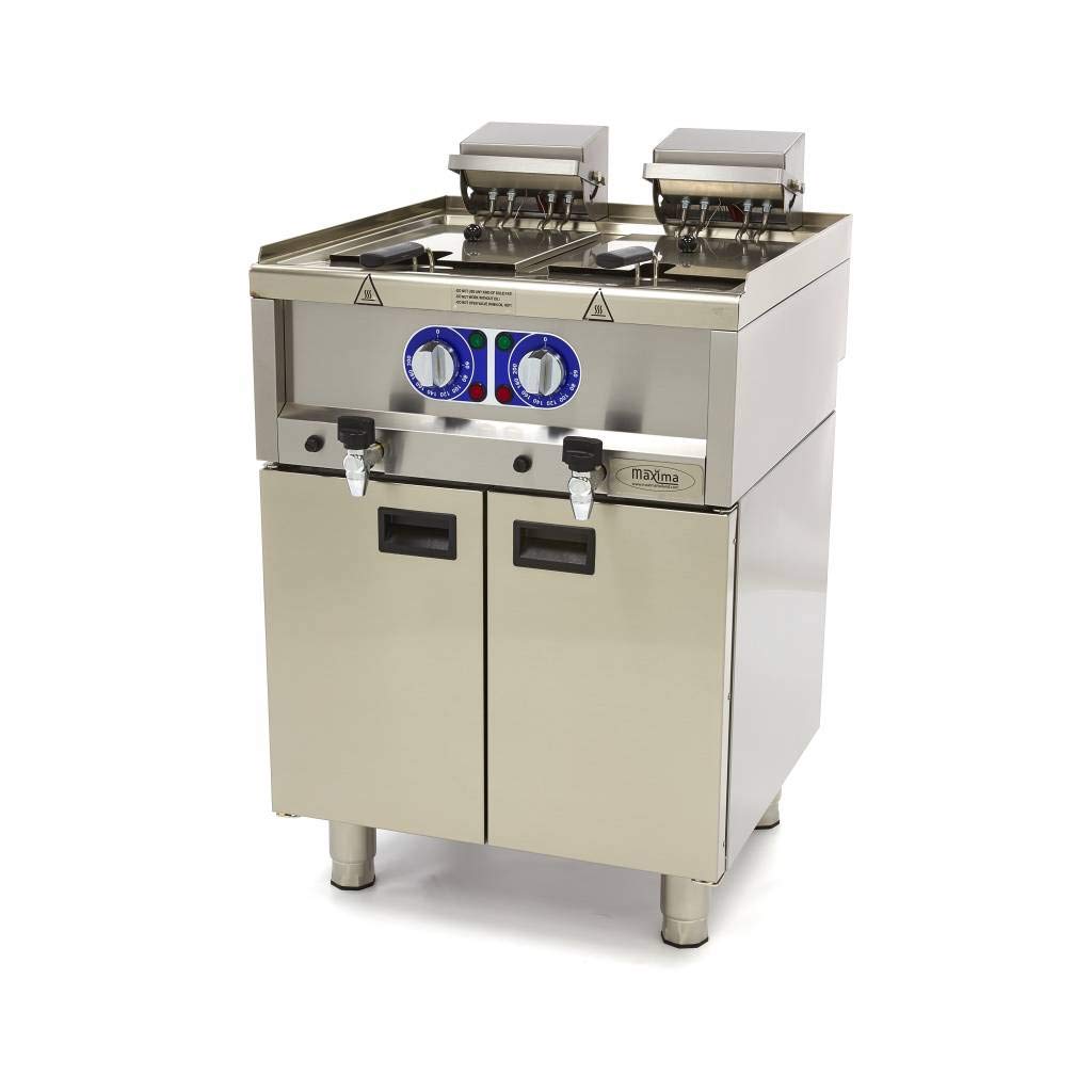 Maxima Freidora eléctrica de clase comercial Gastro, 2 x 10 l de aceite, 600 x 600 mm de profundidad, con zona fría y grifo de drenaje, 2 x 6000 W
