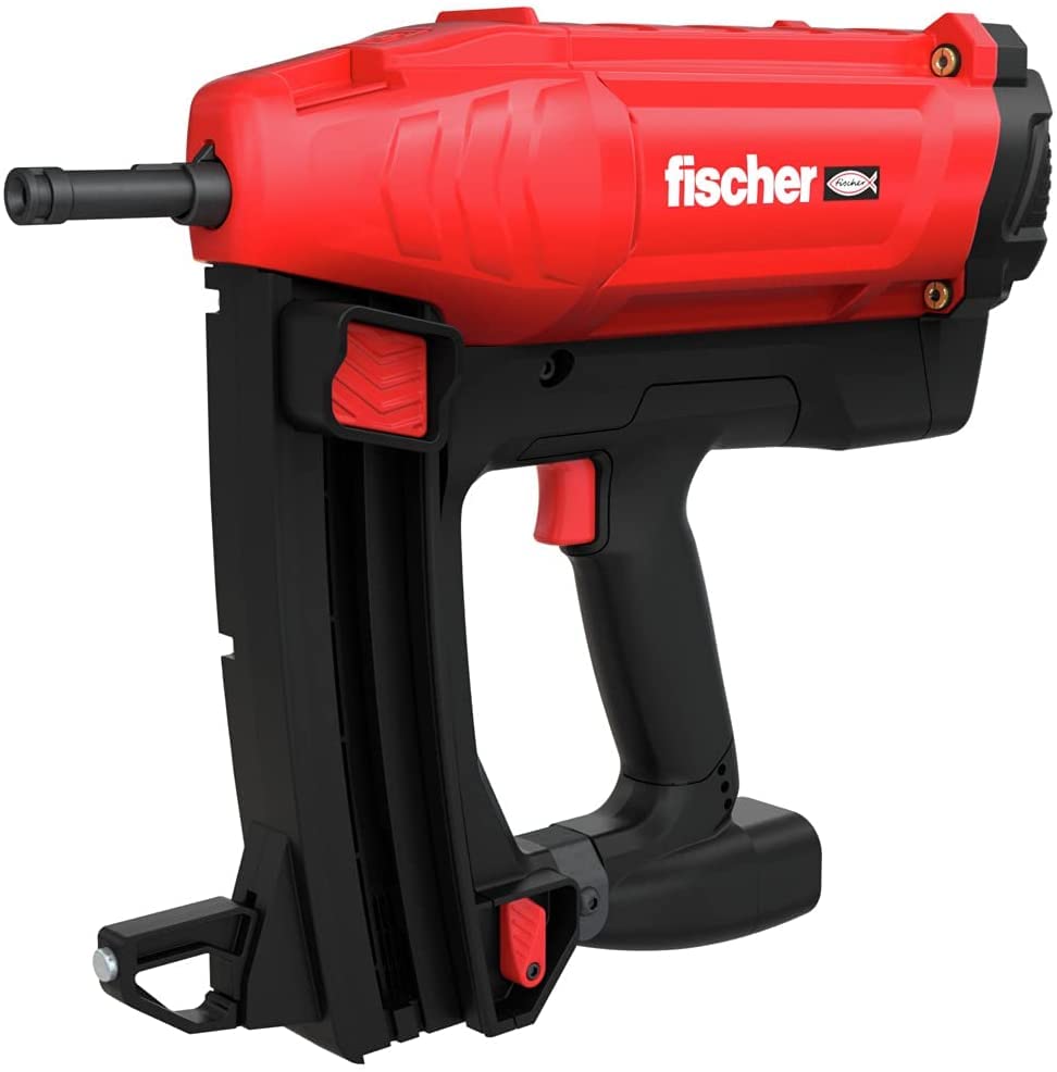 FISCHER, Pistola de clavos, clavadora electrica a gas FGC 100 para fijación de chapa, perfiles, yeso y acero, con dos baterías de 7,2V y 3Ah a 2 disparos por segundo