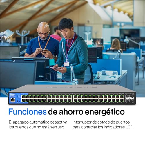 Linksys LGS352MPC-EU switch PoE+ de red Gigabit de 48 puertos a 740 W con 4 ranuras SFP+ 10G de subida, conmutador Ethernet administrado inteligente con carcasa metálica y montaje de sobremesa/pared