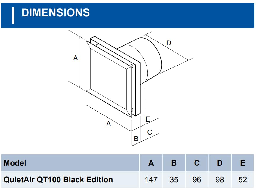 Airflow QT100 HT - Ventilador extractor de baño ultra silencioso 25 dB, eficiencia energética 5W, humedad ajustable 60-90% RH, dos velocidades 21/25 l/s, control de temporizador, clasificación IP45,