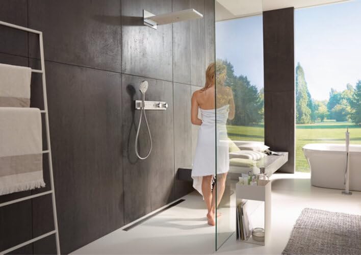 hansgrohe Rainmaker Select - rociador de ducha con conexión a pared, ducha fija rectangular (586 x 258 mm), cabezal de ducha lluvia 3 tipos de chorro para conexión pared, blanco/cromo, 24001400