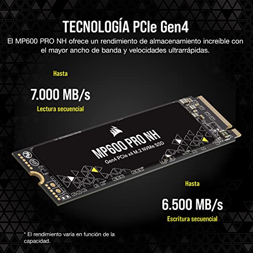 Corsair MP600 PRO NH 8 TB SSD PCIe Gen4 x4 NVMe M.2 - TLC NAND de Alta Densidad - M.2 2280 - Compatibilidad con DirectStorage - Hasta 7.000 MB/s - Sin Disipador de Calor - Negro