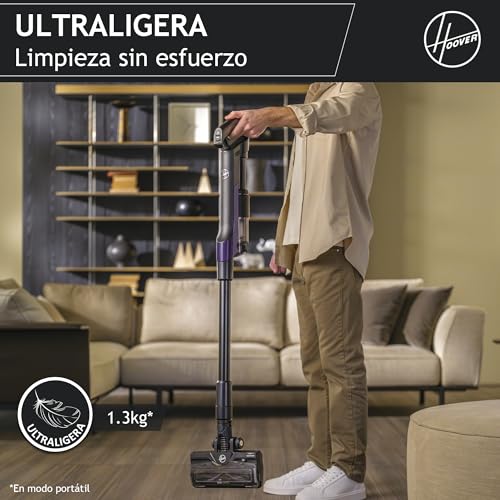 HOOVER Aspiradora Escoba sin Cable Ligera HF2, con 500 PowerTime, Que compacta el Polvo para Extender la Potencia de succión, Boquilla multisuperficie con Cepillo antienredos con Luces LED, HF2Z10H