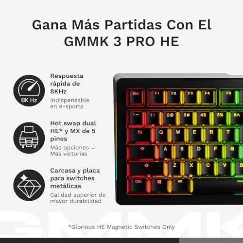 GLORIOUS Gaming GMMK 3 Pro HE: Teclado Gaming inalámbrico, Hall Effect, Carcasa de Aluminio, tasa de sondeo 8K, switches con Hot Swap MX y HE, acción Ajustable, TKL 75%, QWERTY nórdico - Negro