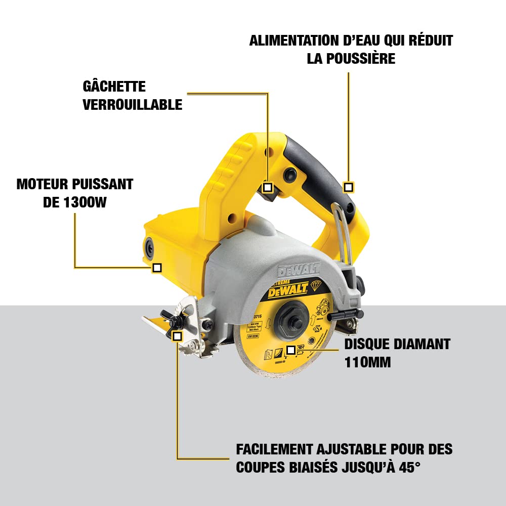 DEWALT DWC410-QS - Sierra de mano Circular para Azulejos, 1300W, Disco de Diamante 110 mm, Velocidad 13,000 rpm, Corte en Seco y Húmedo, Profundidad de Corte Máxima 34 mm, Incluye Llave y Guía