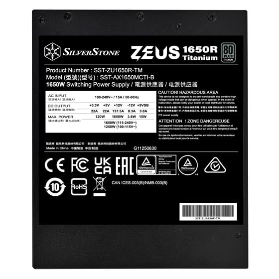 SilverStone Technology Zeus 1650R Titanium, 80 PLUS-Titanium-1650-W-ATX-3.1- und vollständig modulares PCIe-5-ATX-Netzteil, SST-ZU1650R-TM