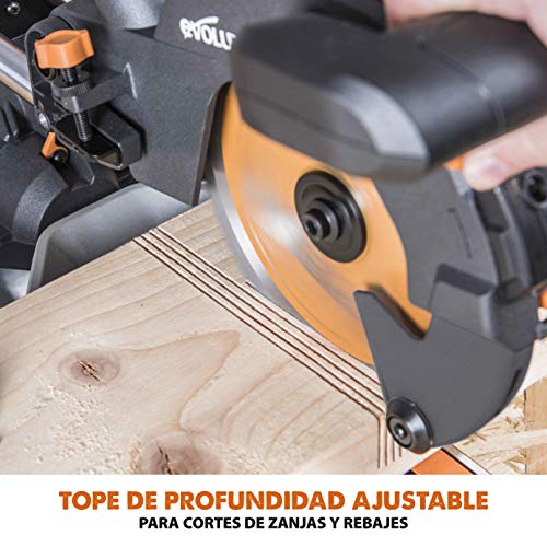 Evolution Power Tools - R210SMS-300+ Ingletadora deslizante multimaterial de 210 mm (230 V), con paquete plus, Corta acero dulce, aluminio, plástico, madera con clavos incrustados