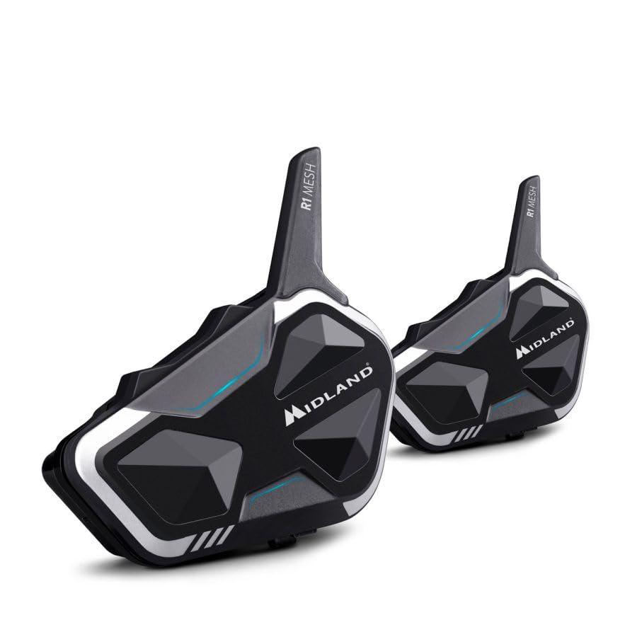 MIDLAND - R1 Mesh Intercomunicador Casco Moto, 2 Auriculares Inalámbricos Bluetooth + Mesh, Waterproof IPX6, Alcance 500m, 23H, Audio RCF, Stereo Background, Compatible con TFT y Radio FM, 6 Personas