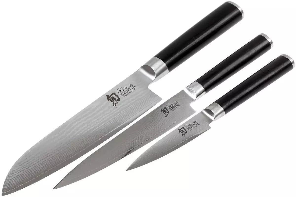KAI Shun Classic Juego de cuchillos de chef japonés 3 piezas - Santoku con hoja de 18 cm + Cuchillo multiusos con hoja de 15 cm + Cuchillo de oficina con hoja de 9 cm, Cuchillo de Damasco VG MAX