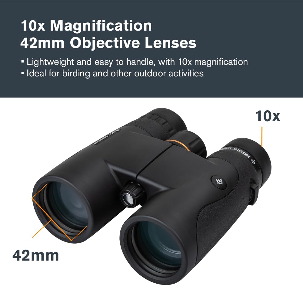 Celestron 72323 Nature DX 10x42: prismáticos para Exteriores y para observar Aves, con Revestimiento múltiple Completo y prismas BaK-4, Carcasa revestida de Goma y Resistente al Agua y el vaho