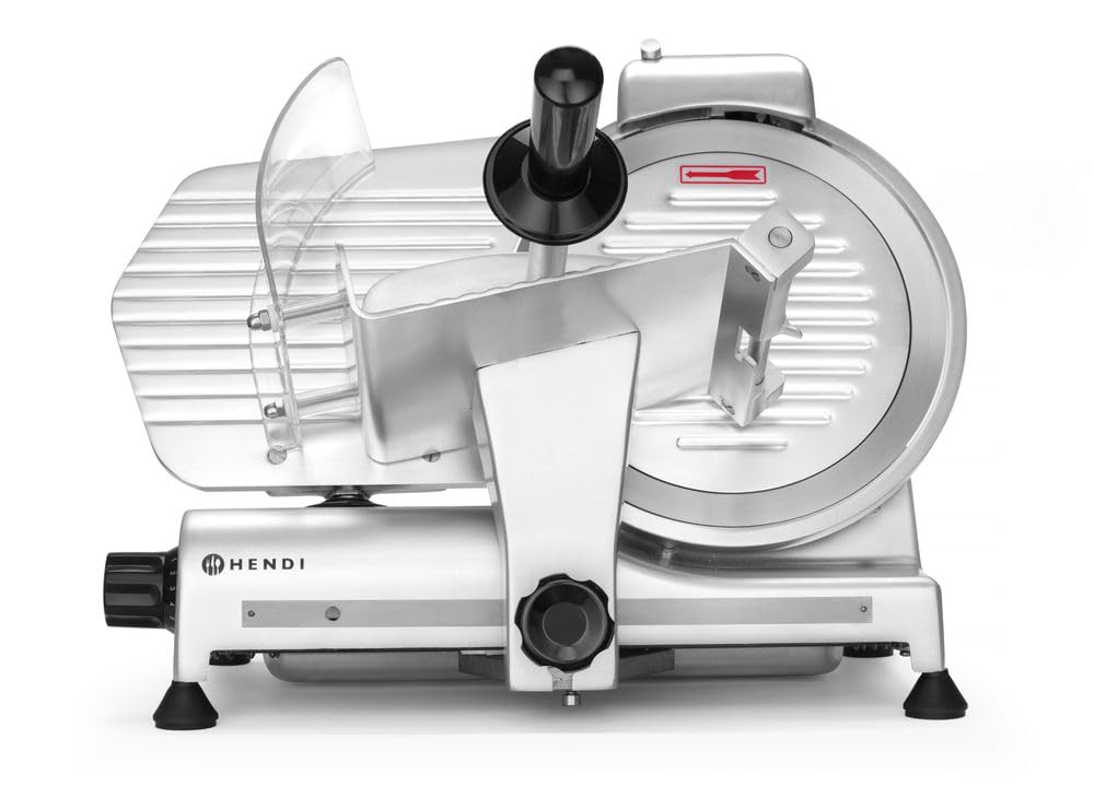 HENDI Cortadora eléctrica de carne, cortafiambres multiusos, Profi Line 250, Ø cuchilla: 250mm, espesor de corte (0-12mm), 220-240V, 320W, 514x484x(H)373mm, plateado, aluminio, acero inoxidable