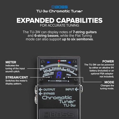 Afinador de suelo cromático BOSS TU-3W con innovación y técnica Waza | Excelente afinador de pedalera para guitarra y bajo | Circuito rediseñado con bypass con buffer o true seleccionable