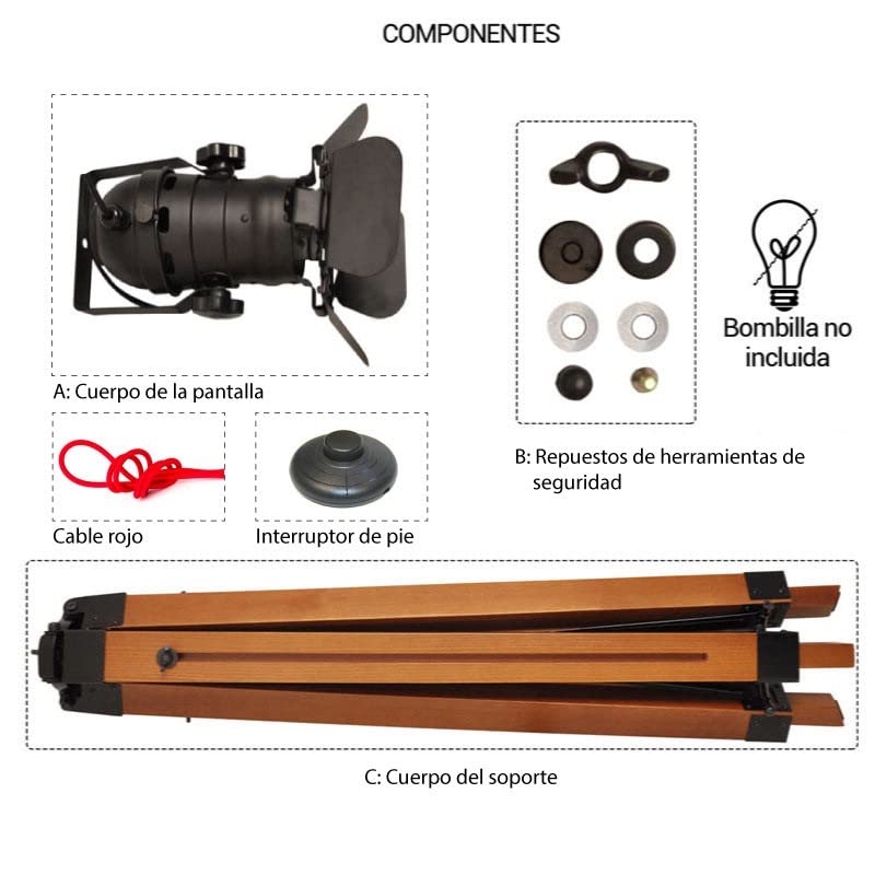 BarcelonaLED Lámpara de Pie Trípode Madera con Foco Proyector Negro Cable Tela Roja Vintage Retro Industrial Náutica Cinema para Salón Estudio E27