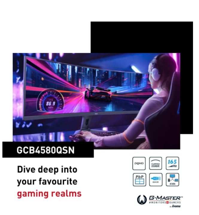 iiyama GCB4580DQSN-B1 44,5" DQHD Panel VA, Curvo Gaming 1500R, G-Master Red Eagle, 5120x1440, 165Hz, 450cd/m², 0,8ms MPRT, Altavoces, USB-C Dock (LAN, 90W PD), DisplayPort, 2X HDMI 2.1, KVM, USB3.2x3