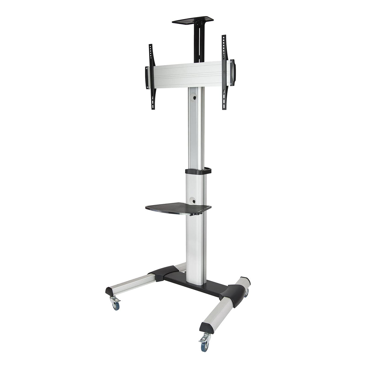 Soporte de suelo con ruedas para TV de posición horizontal o vertical, compatible con pantallas de 37 a 70 pulgadas. Ideal para ajustar el ángulo de visión y facilitar el traslado.