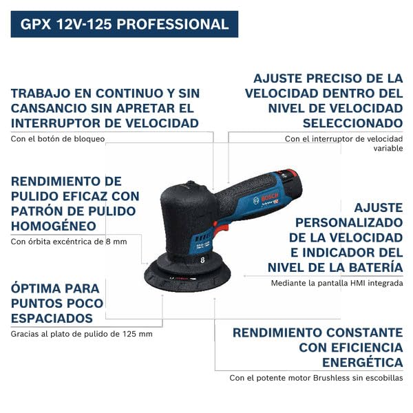 Bosch Professional 12V System pulidora a batería GPX 12V-125 (incl. herramienta con plato de caucho montado con cierre por contacto de 125 mm, plato de espuma de corte y pulido de 125 mm)