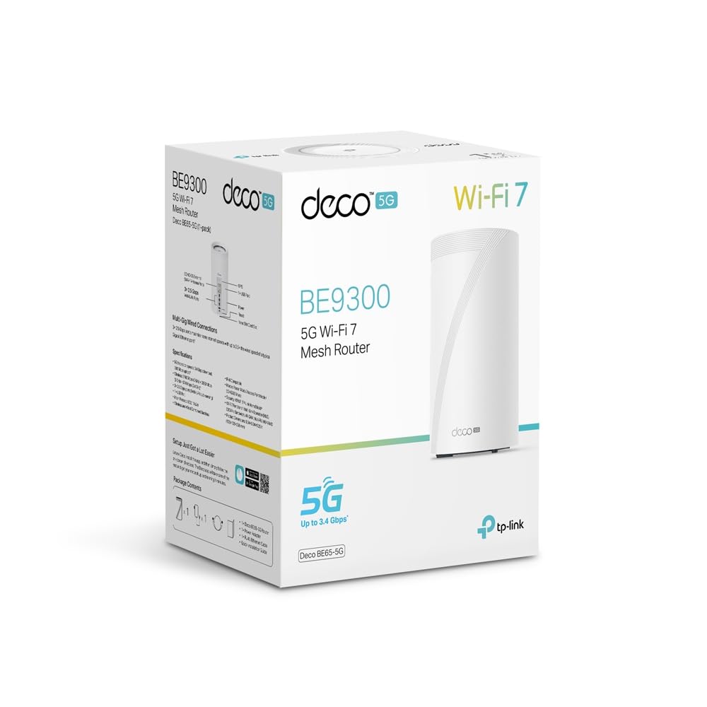 【2024 Nuevo】 TP-Link Deco BE65-5G (1 Paquete)|Sistema WiFi en Malla WiFi7 5G |BE9300 Tribanda, 5760 Mbps (6 GHz)|HomeShield|Operación multienlace|Plug and Play, Disfrute de la Red 5G