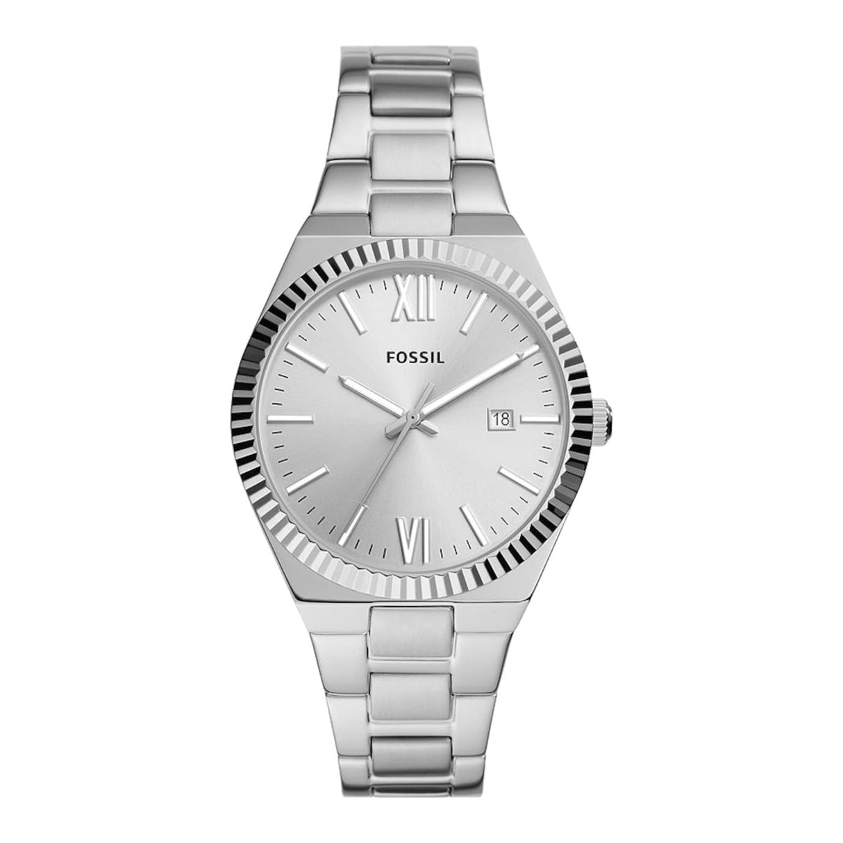 Fossil Scarlette Reloj para Mujer, Movimiento de Cuarzo con Correa de Acero o Piel, Tono Plateado, 38MM