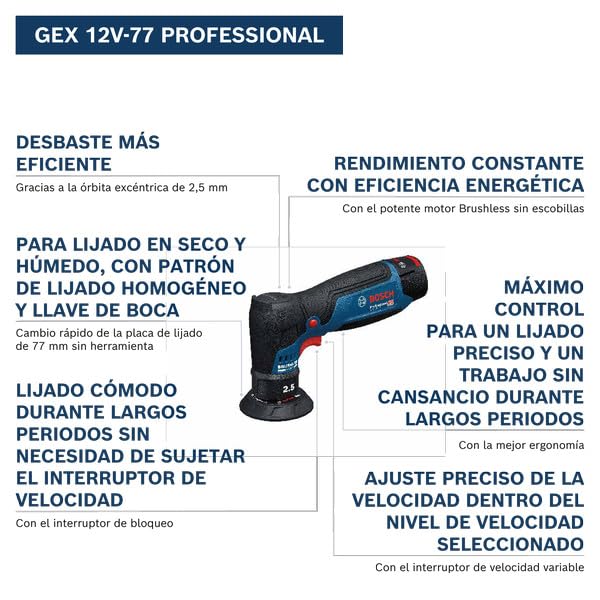 Bosch Professional 12V System lijadora orbital excéntrica a batería GEX 12V-77 (incl. plato de caucho montado con cierre por contacto de 77 mm, llave)